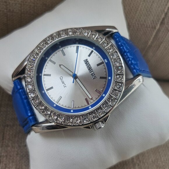 Manhattan by Croton Women Watch Crystal Accent Blue Leather Band Wrist Watch - Picture 2 of 11